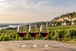 Trois verres de vin rouge posés devant un vignoble de cabernet franc sur les coteaux calcaires de la vallée de la Loire.