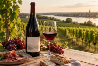 Bouteille de gamay du Val de Loire et verre de vin rouge sur une table, devant un vignoble ligérien.