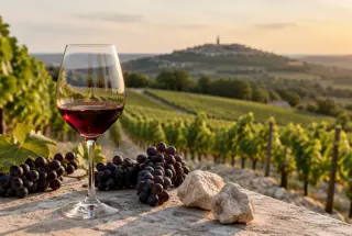 Verre de pinot noir rubis posé sur une table en pierre devant les vignobles vallonnés de Sancerre.