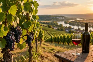 Grappes de raisins noirs dans un vignoble des coteaux du Loir, avec un verre de vin rouge et une bouteille au coucher du soleil.