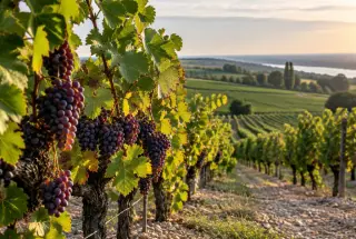 Grappes de grolleau noir dans un vignoble vallonné du Val de Loire, sous une lumière douce de fin d’été.