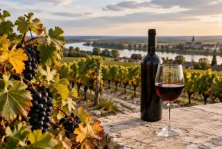 Vignoble de Touraine en automne avec raisins noirs, bouteille sans étiquette lisible et verre de vin rouge sur une table en pierre.