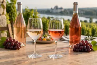 Deux verres et deux bouteilles de rosé aux teintes différentes sur une table en bois dans un vignoble angevin.