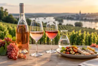 Deux verres de rosé aux teintes différentes posés sur une table au milieu des vignes de la Loire.