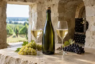Bouteille de Crémant de Loire et deux verres dans une cave en tuffeau, avec des grappes de raisin et des vignes en arrière-plan.